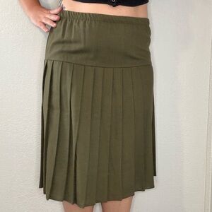 Vintage 80s Army Green Pleated A-Line Midi‎ Skirt Women’s 14P Made in the USA